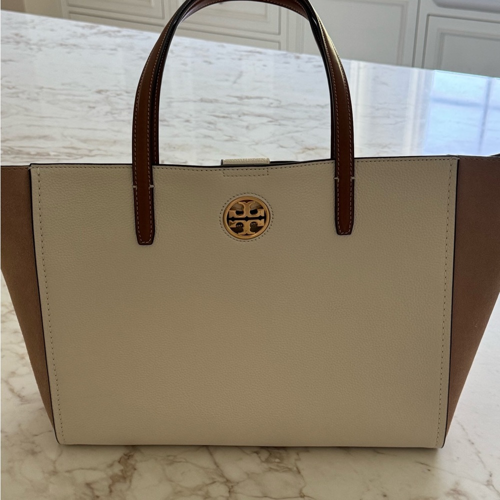 Tory Burch Carson Colorblock Tote, cream textured leather and Soft rose suede.